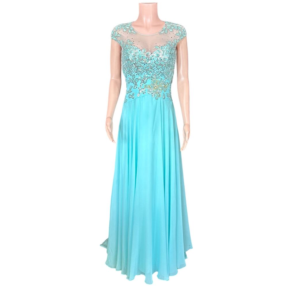 Tony Bowls Light Turquoise Blue Cap Sleeve A-Line Gown Size 6